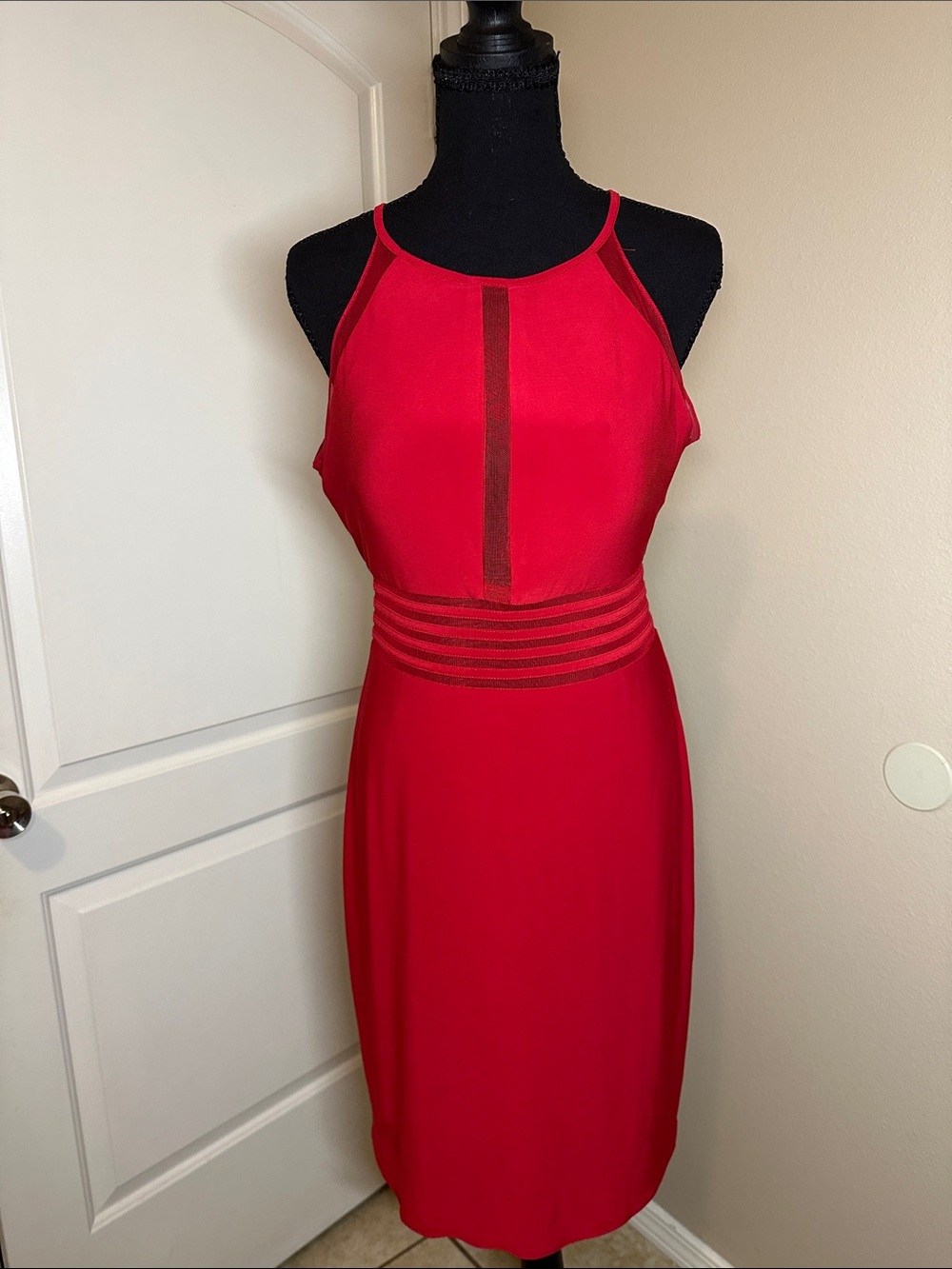 Red Halter Midi Dress with Sheer Center Panel and Waistband